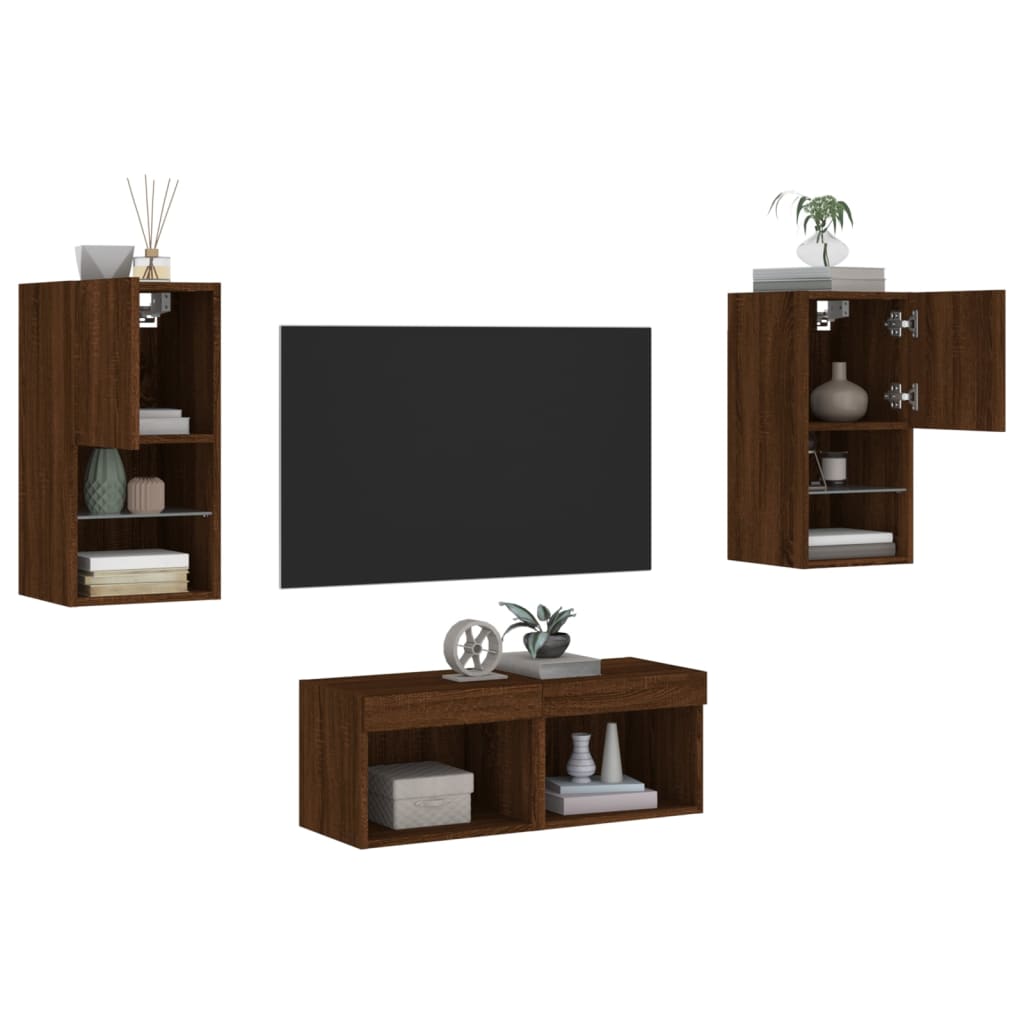 Meuble TV muraux 4 pcs avec lumières LED chêne marron