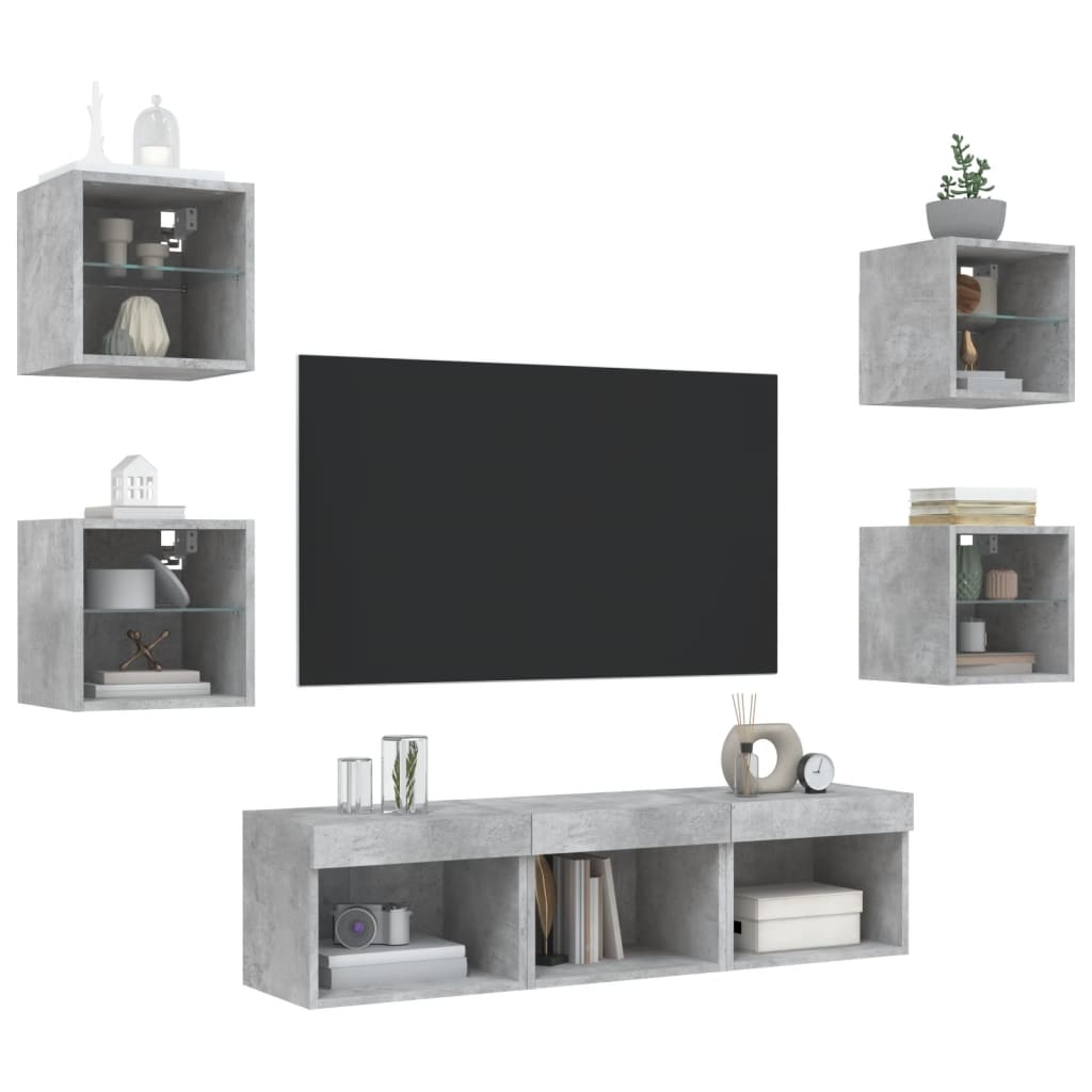 TV Wall Units with LED 7 pcs Concrete Grey Engineered Wood