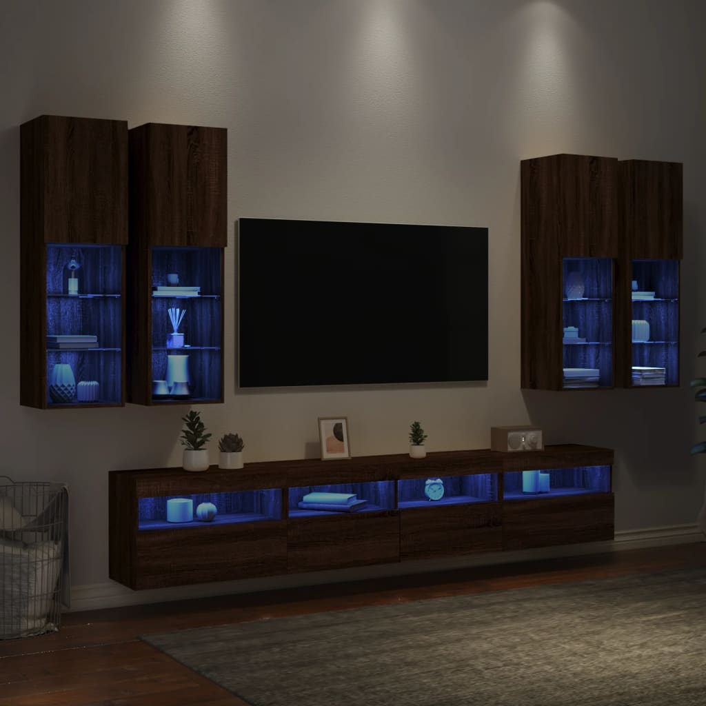 Ensemble de meubles TV muraux 7pcs et lumières LED chêne marron