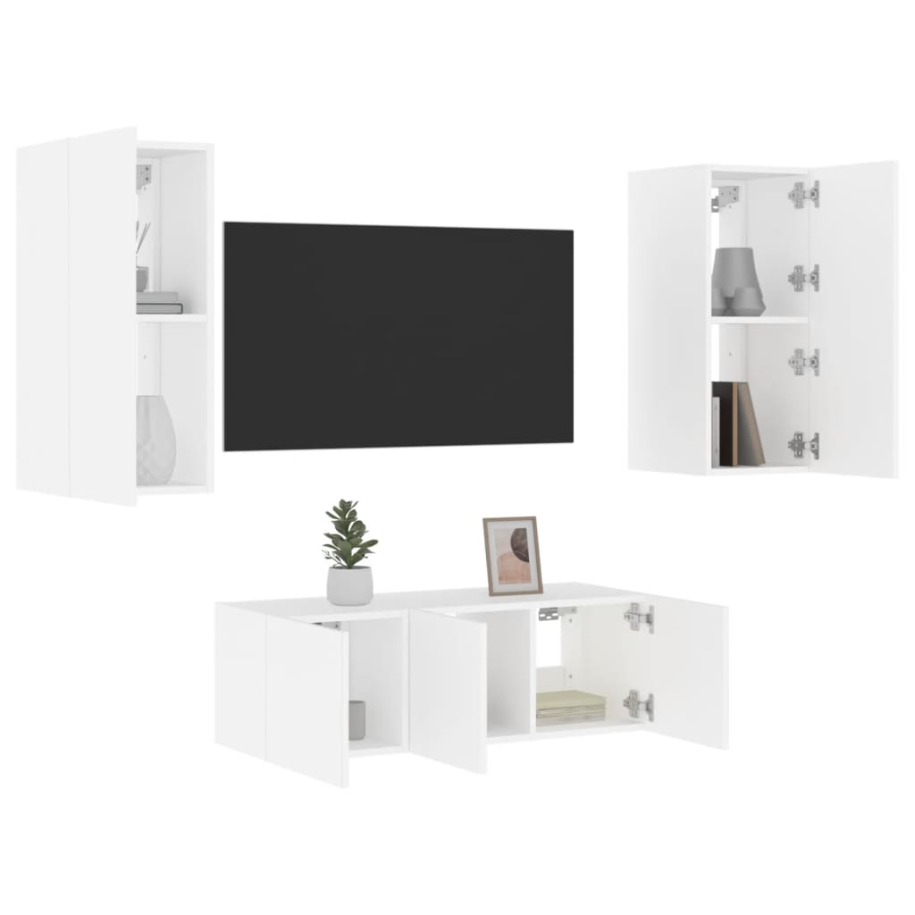 Unités murales TV avec LED 4 pcs blanc bois d'ingénierie