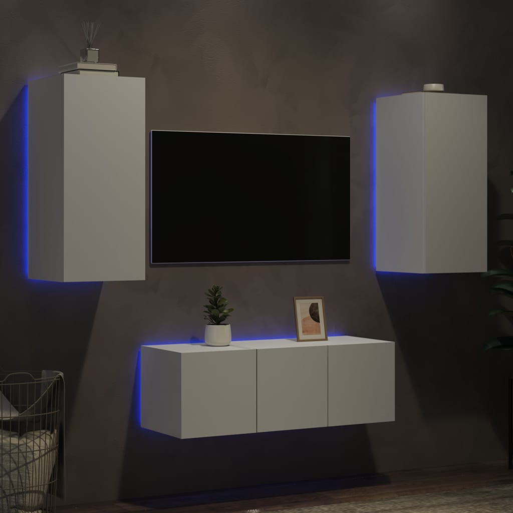 Unités murales TV avec LED 4 pcs blanc bois d'ingénierie