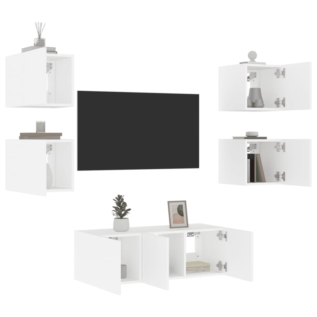 Unités murales TV avec LED 6 pcs blanc bois d'ingénierie