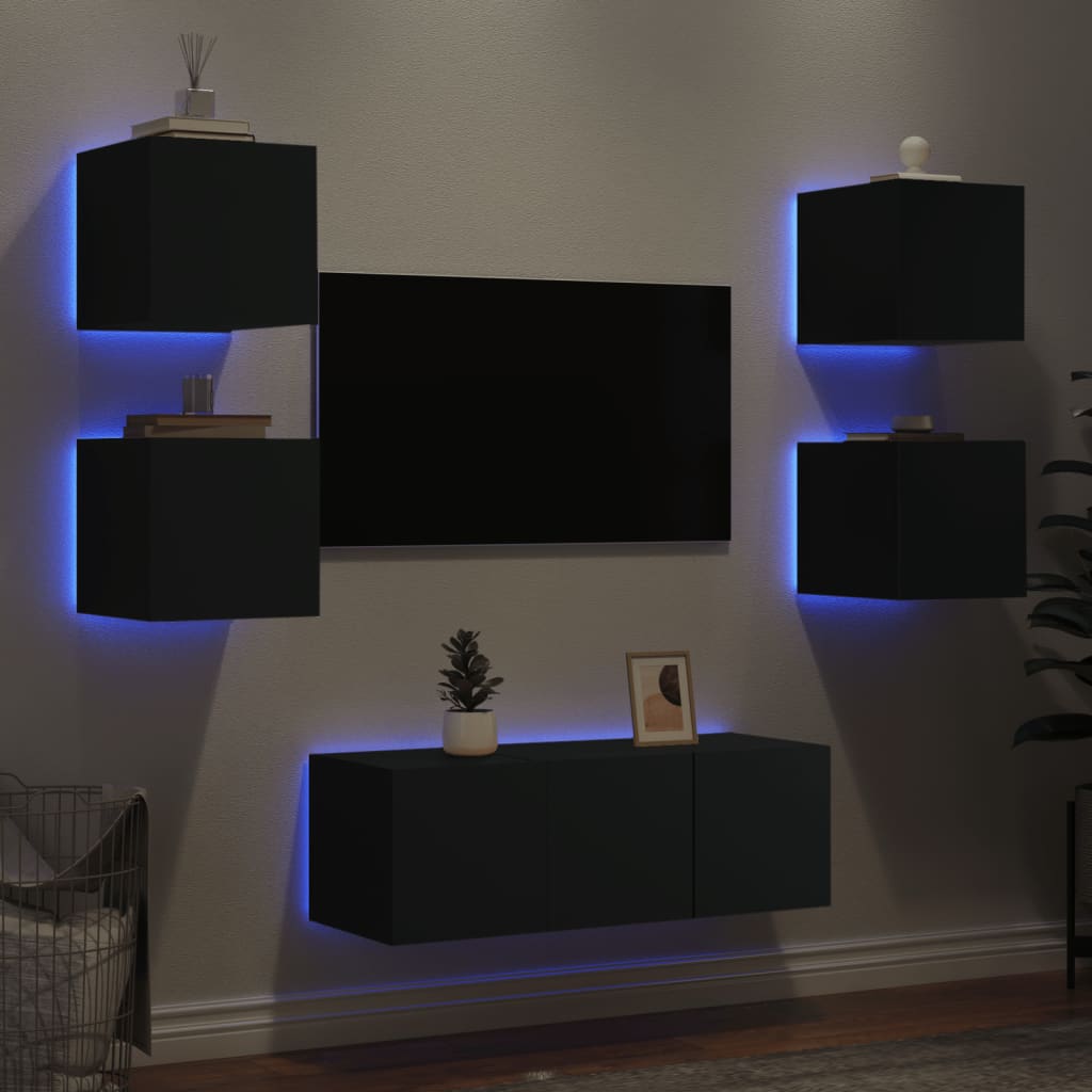 Unités murales TV avec LED 6 pcs noir bois d'ingénierie