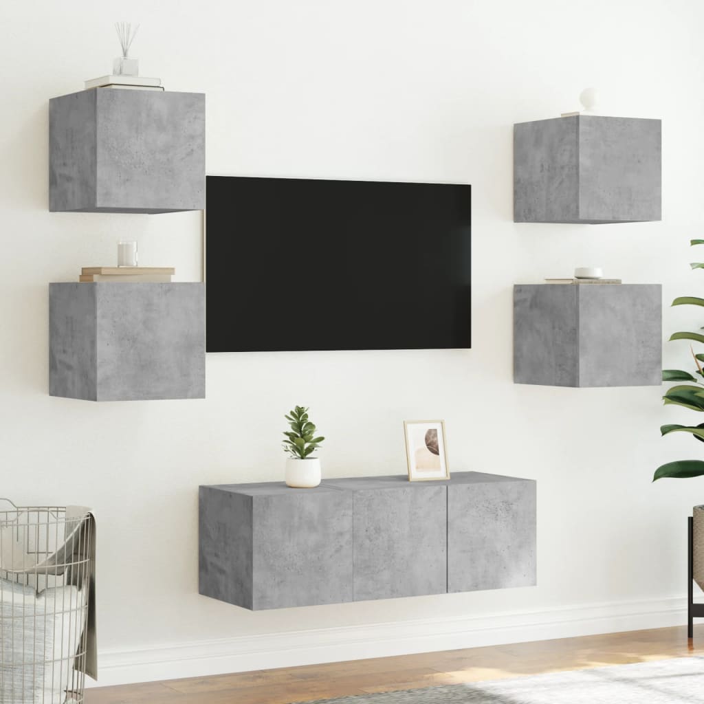 Unités murales TV avec LED 6 pcs gris béton bois d'ingénierie