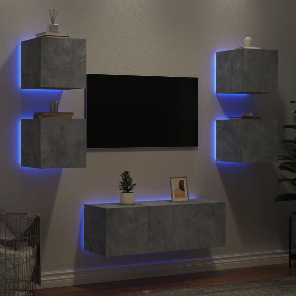 Unités murales TV avec LED 6 pcs gris béton bois d'ingénierie