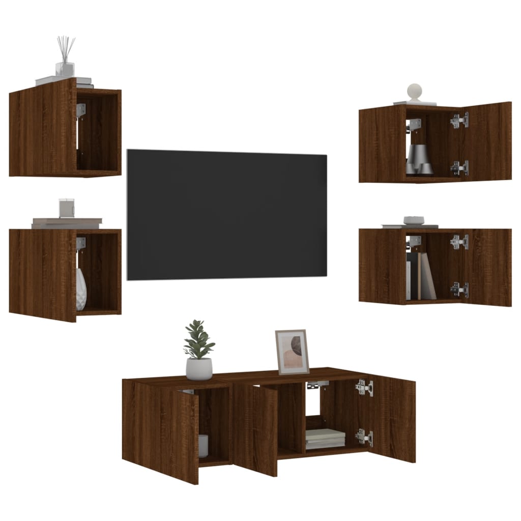 Unités murales TV avec LED 6 pcs chêne marron bois d'ingénierie