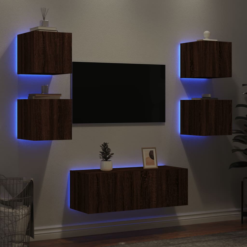 Unités murales TV avec LED 6 pcs chêne marron bois d'ingénierie