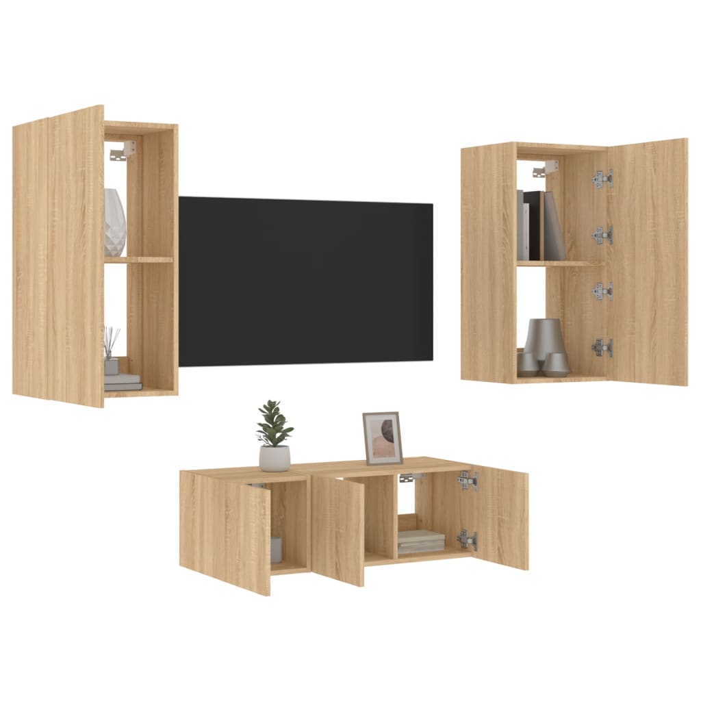 Unités murales TV avec LED 4 pcs chêne sonoma bois d'ingénierie