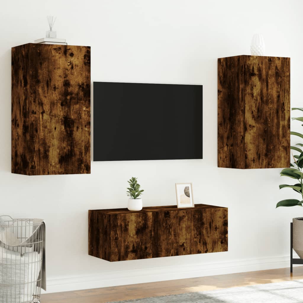 TV Wall Units with LED 4 pcs Smoked Oak Engineered Wood