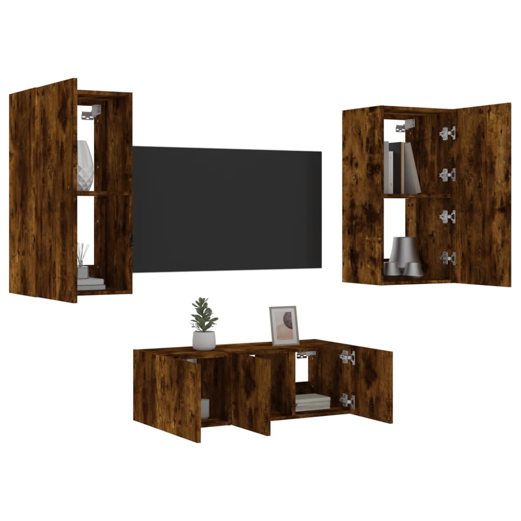 TV Wall Units with LED 4 pcs Smoked Oak Engineered Wood