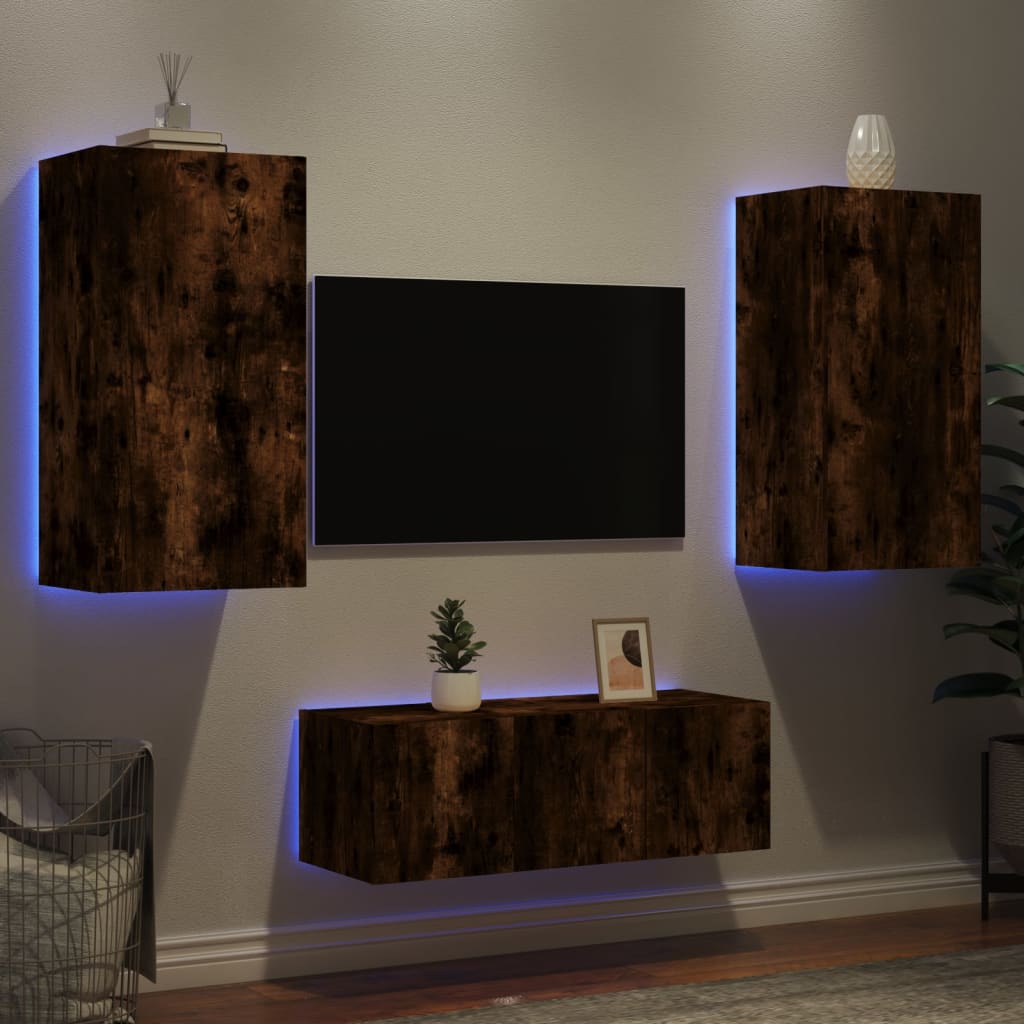 TV Wall Units with LED 4 pcs Smoked Oak Engineered Wood