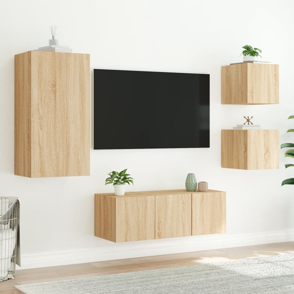 Unités murales TV avec LED 5 pcs chêne sonoma bois d'ingénierie