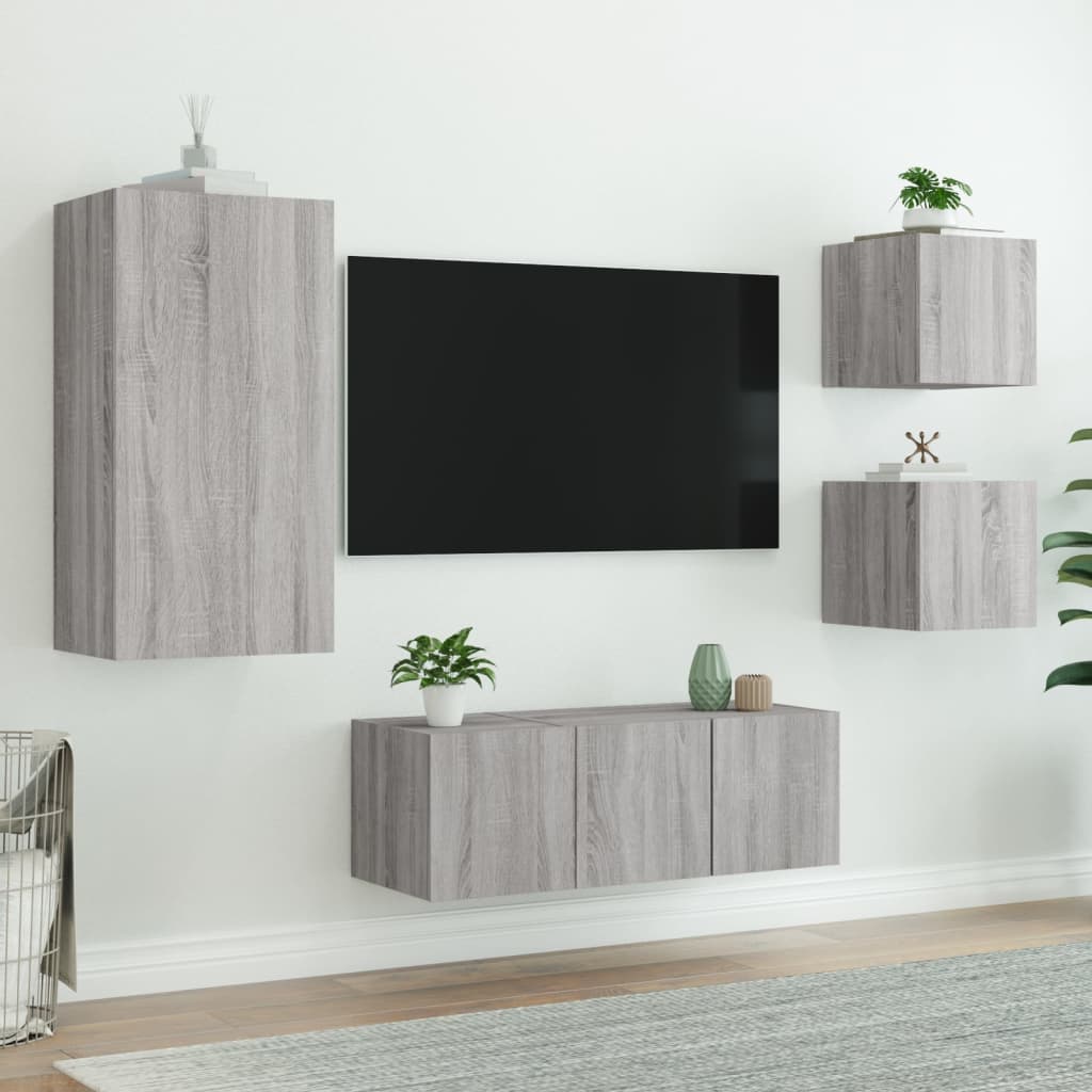 TV Wall Units with LED 5 pcs Sonoma Gray Engineered Wood