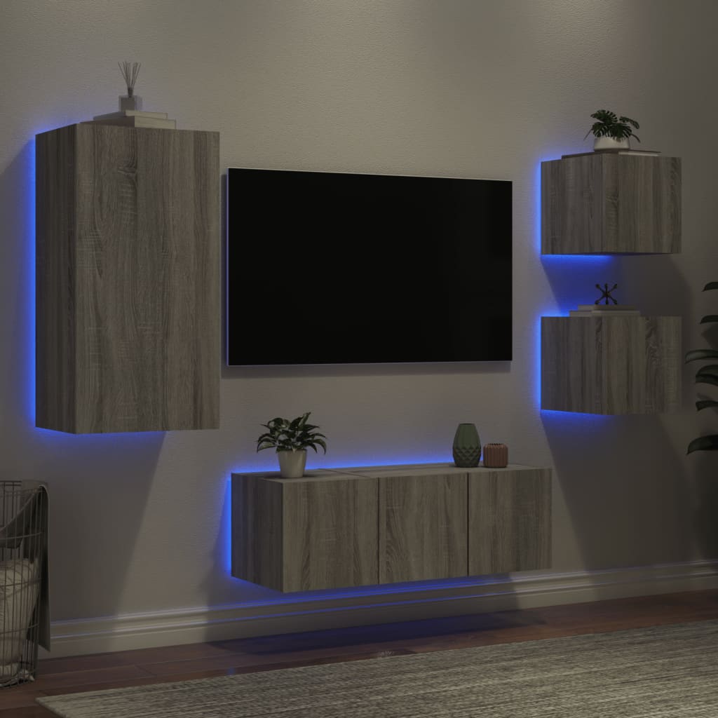 TV Wall Units with LED 5 pcs Sonoma Gray Engineered Wood