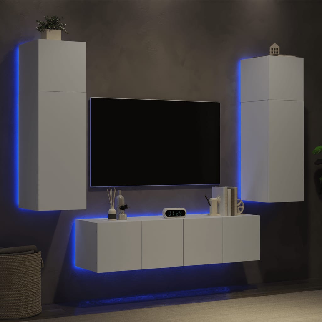 Unités murales TV avec LED 6 pcs blanc bois d'ingénierie