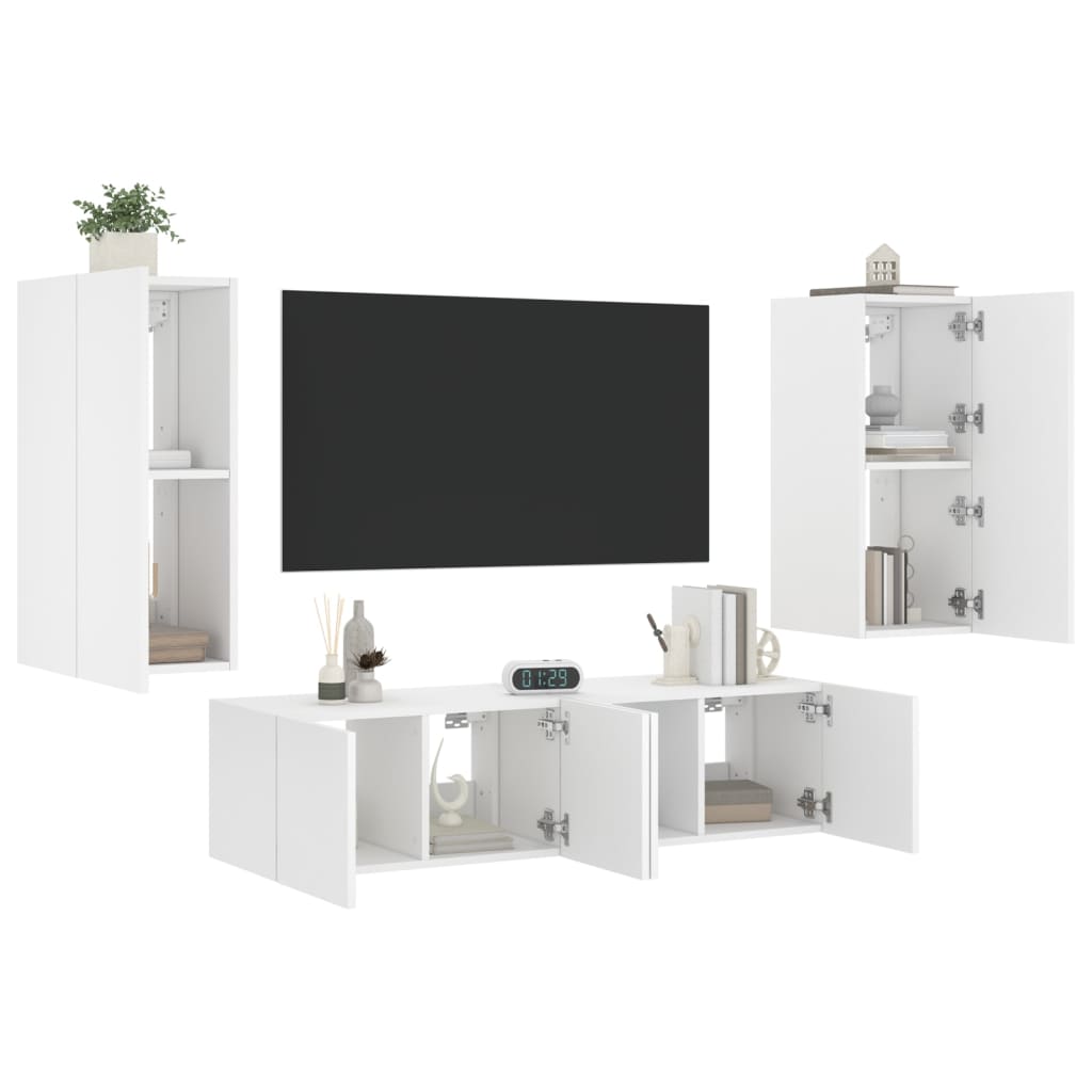 TV Wall Units with LED 4 pcs White Engineered Wood