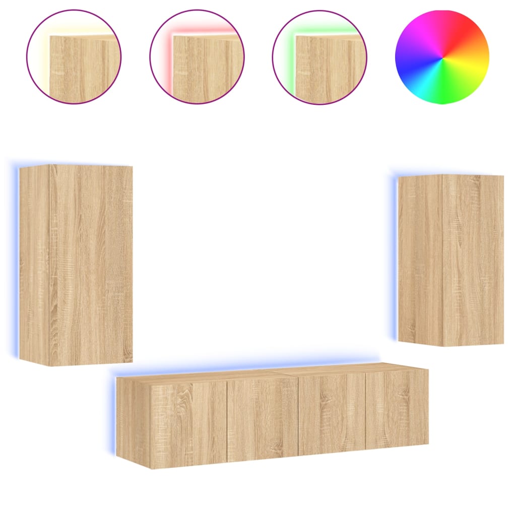 Unités murales TV avec LED 4 pcs chêne sonoma bois d'ingénierie