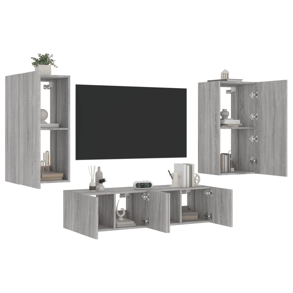 TV Wall Units with LED 4 pcs Sonoma Gray Engineered Wood