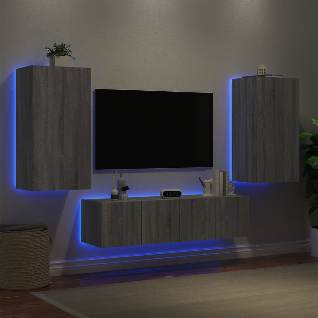 TV Wall Units with LED 4 pcs Sonoma Gray Engineered Wood