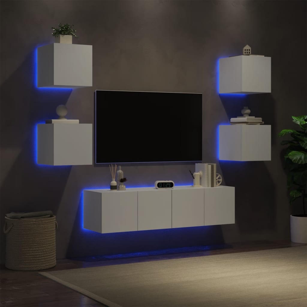 Unités murales TV avec LED 6 pcs blanc bois d'ingénierie