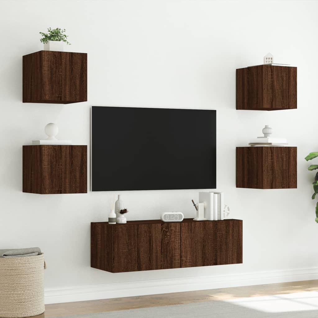 Meuble TV muraux 5 pcs avec lumières LED chêne marron