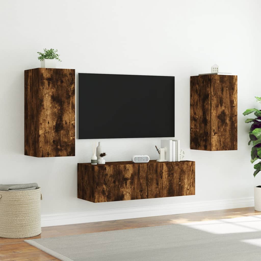 Meuble TV muraux 3 pcs avec lumières LED chêne fumé