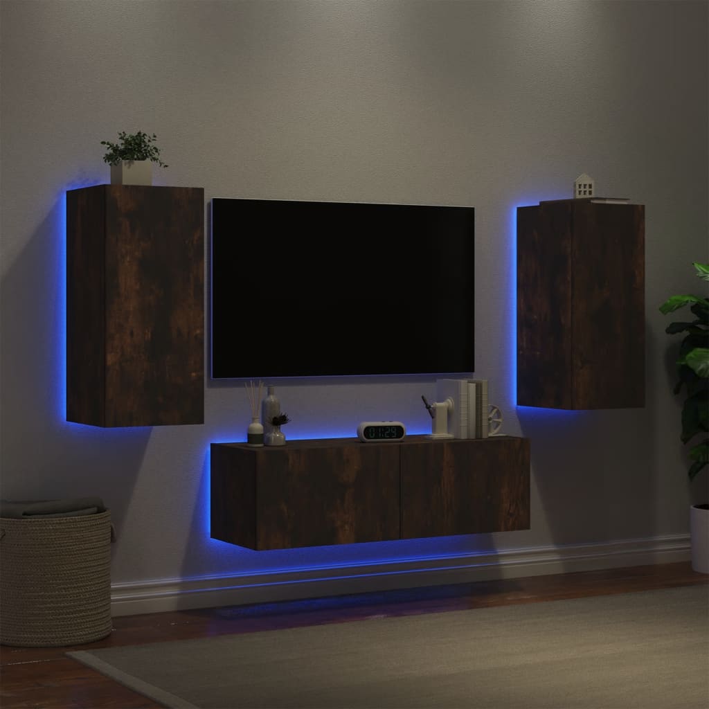 Meuble TV muraux 3 pcs avec lumières LED chêne fumé