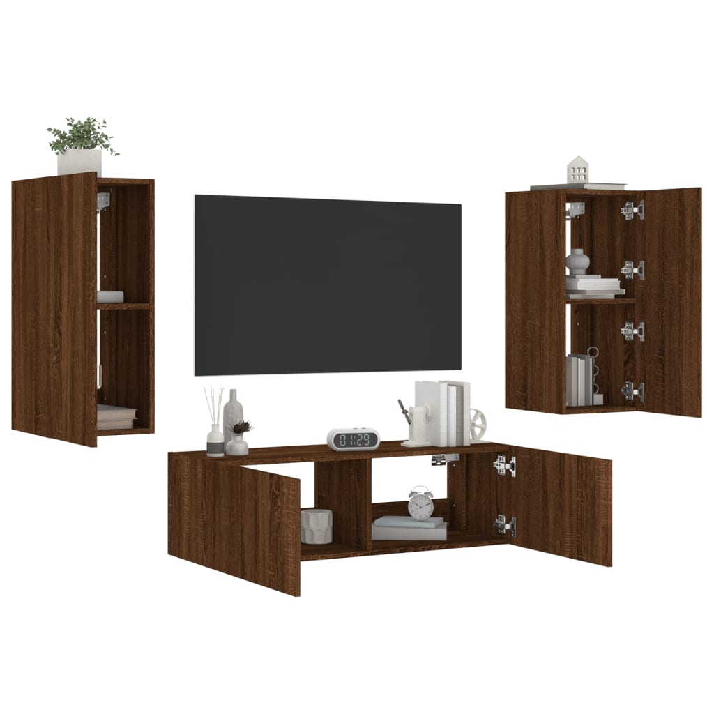 Meuble TV muraux 3 pcs avec lumières LED chêne marron