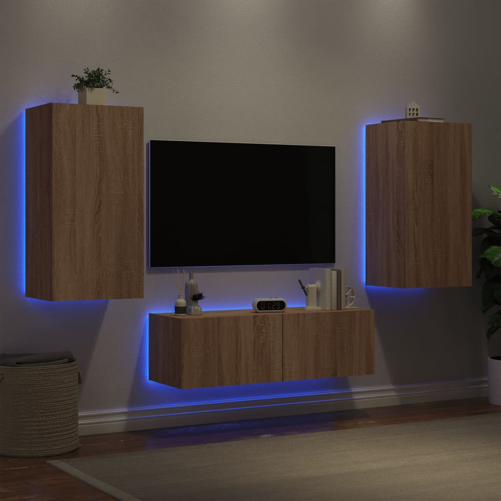 Meuble TV muraux 3 pcs avec lumières LED chêne sonoma