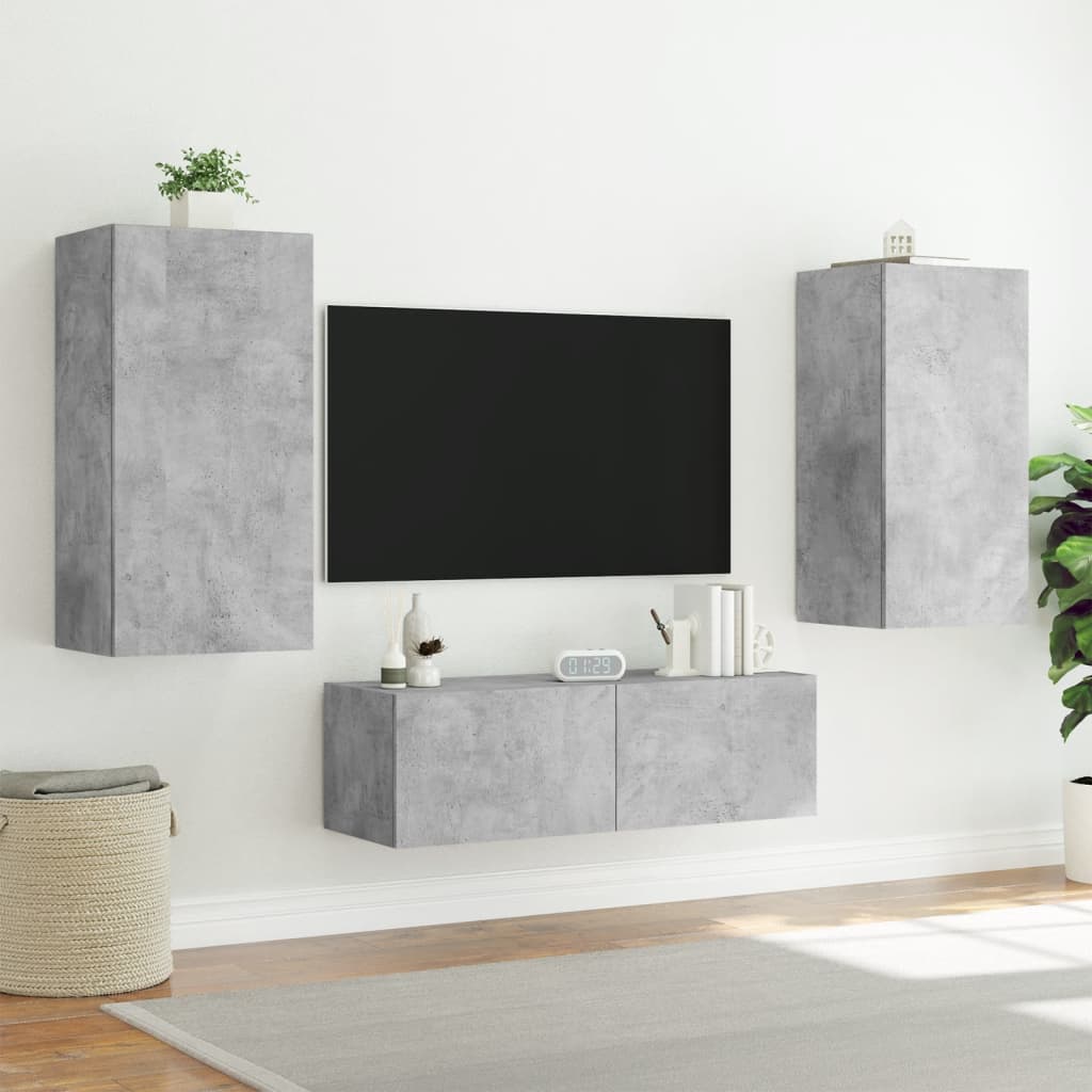 Meuble TV muraux 3 pcs avec lumières LED gris béton