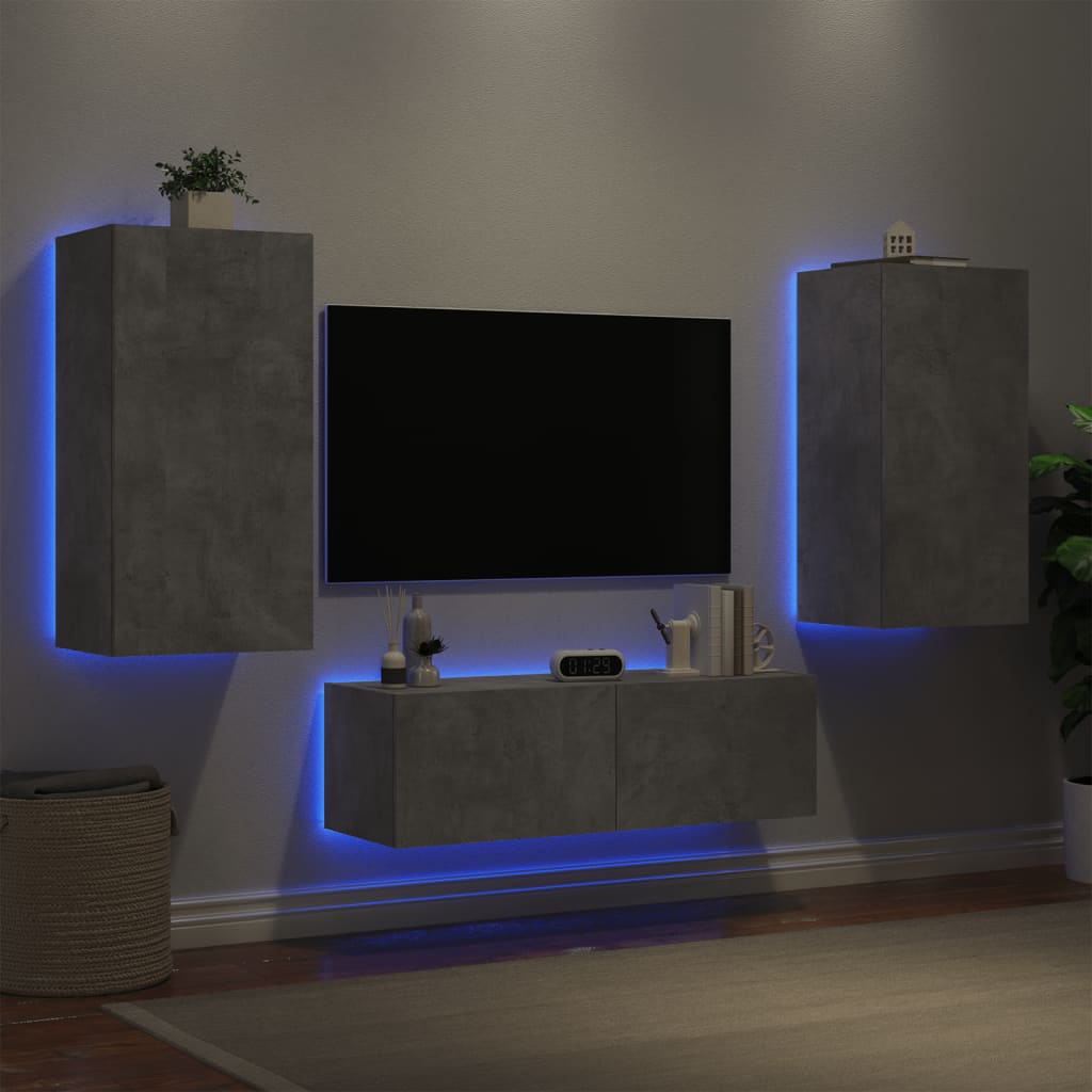 Meuble TV muraux 3 pcs avec lumières LED gris béton