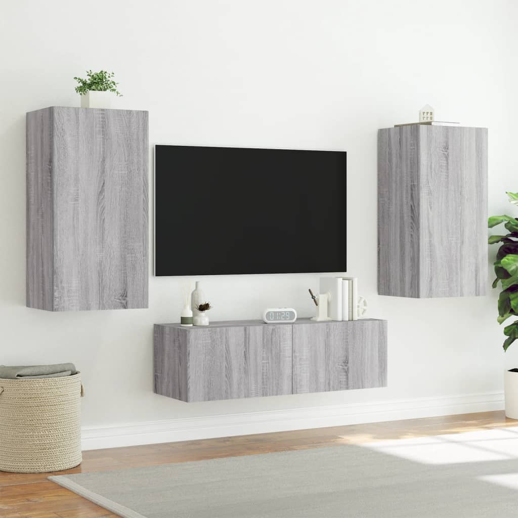 Meuble TV muraux 3 pcs avec lumières LED sonoma gris