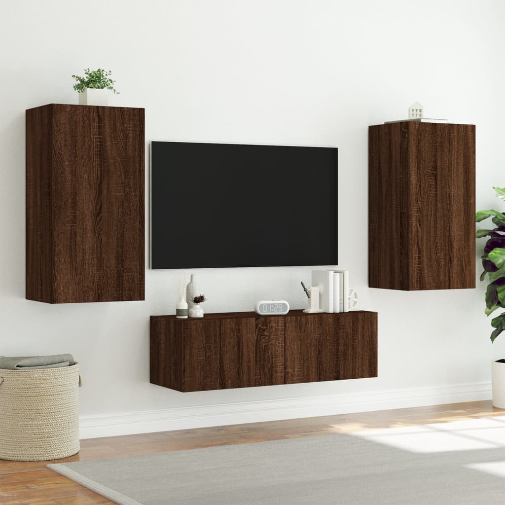 Meuble TV muraux 3 pcs avec lumières LED chêne marron