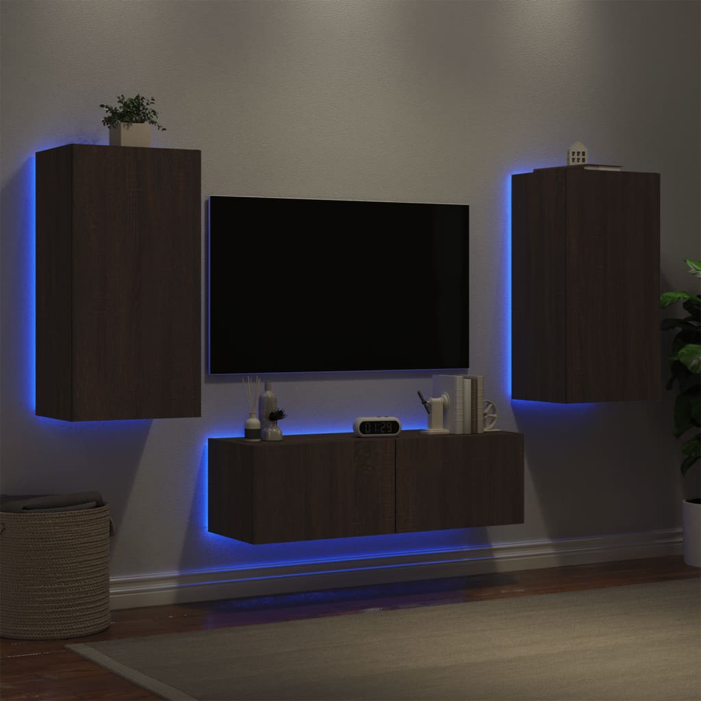 Meuble TV muraux 3 pcs avec lumières LED chêne marron