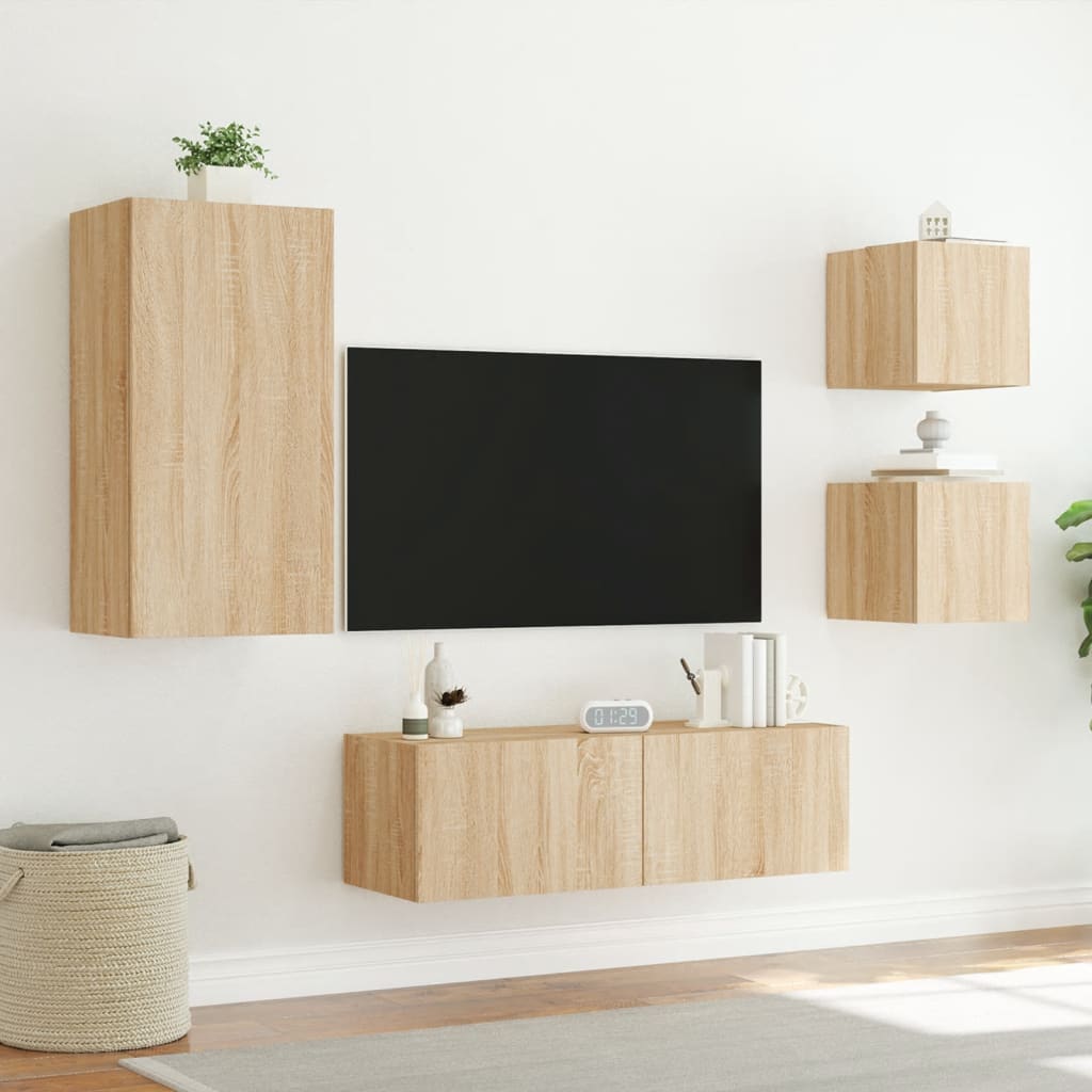 Meuble TV muraux 4 pcs avec lumières LED chêne sonoma