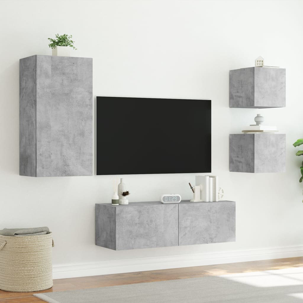 Meuble TV muraux 4 pcs avec lumières LED gris béton