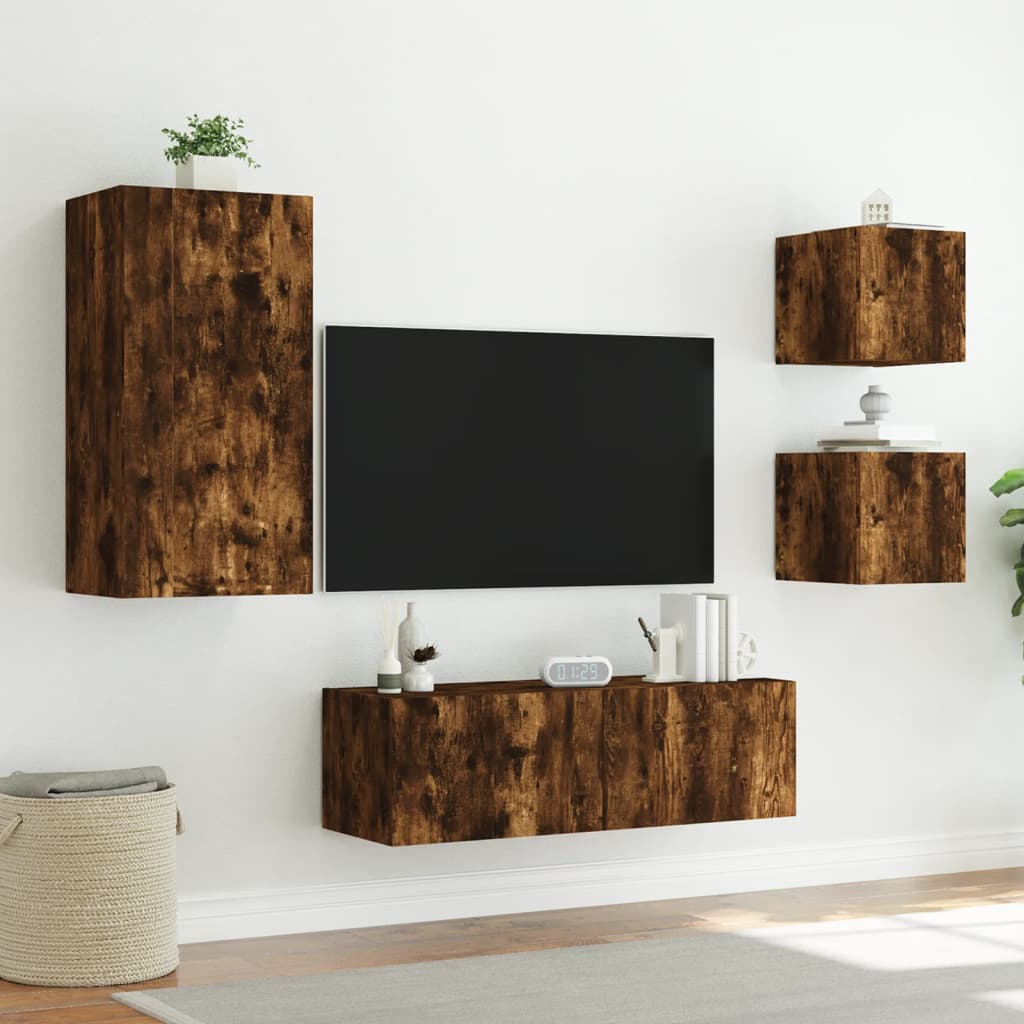 Meuble TV muraux 4 pcs avec lumières LED chêne fumé