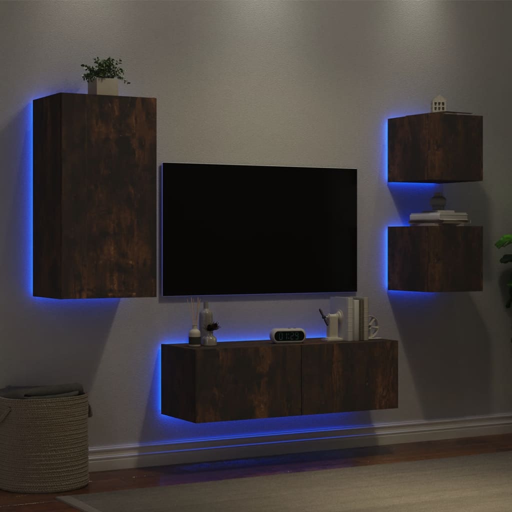 Meuble TV muraux 4 pcs avec lumières LED chêne fumé