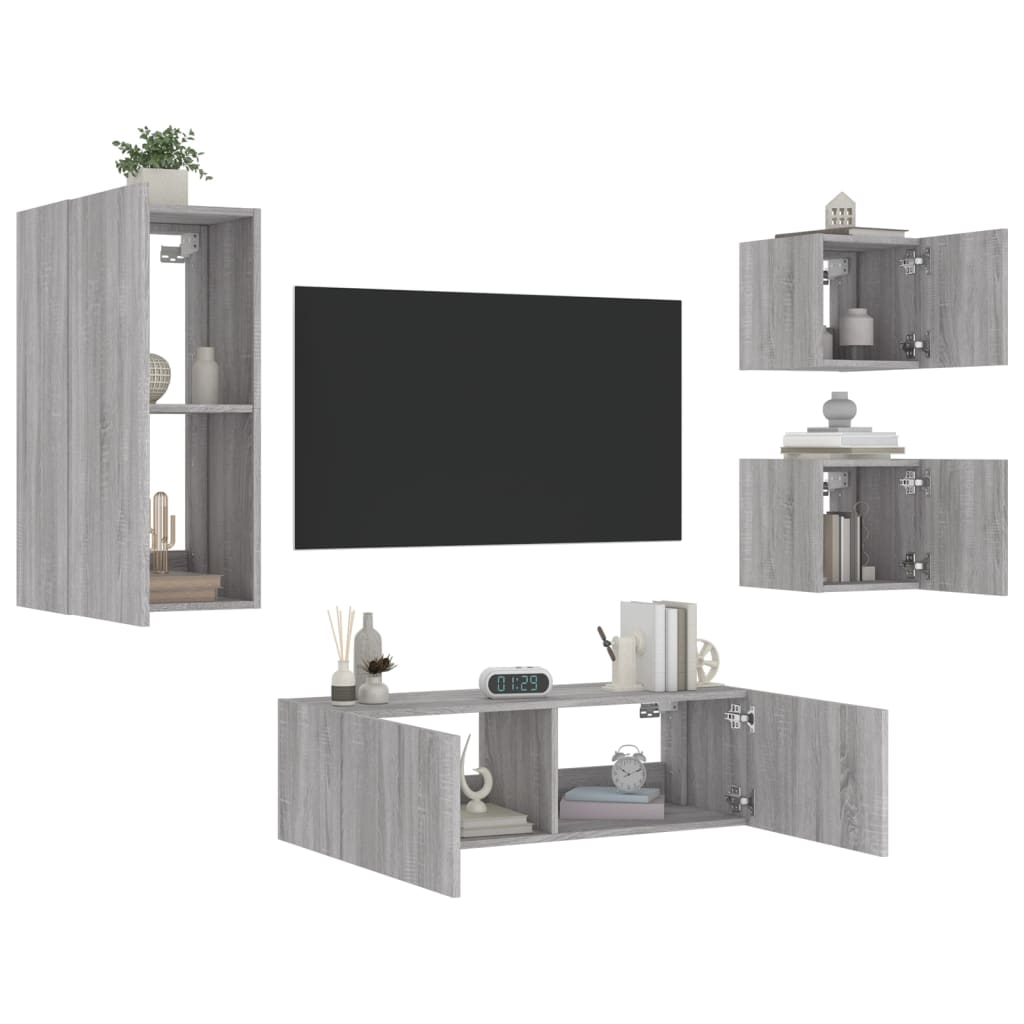 Meuble TV muraux 4 pcs avec lumières LED sonoma gris