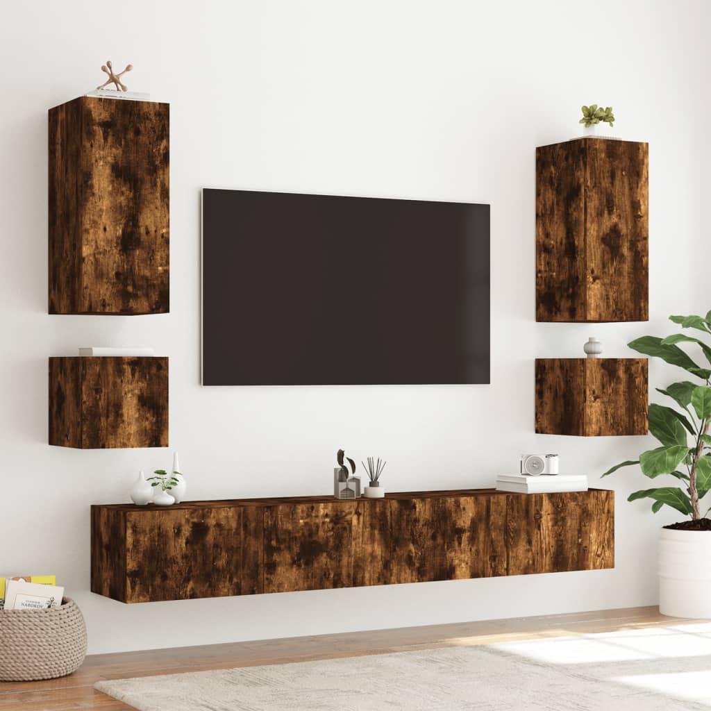 Meuble TV muraux 6 pcs avec lumières LED chêne fumé