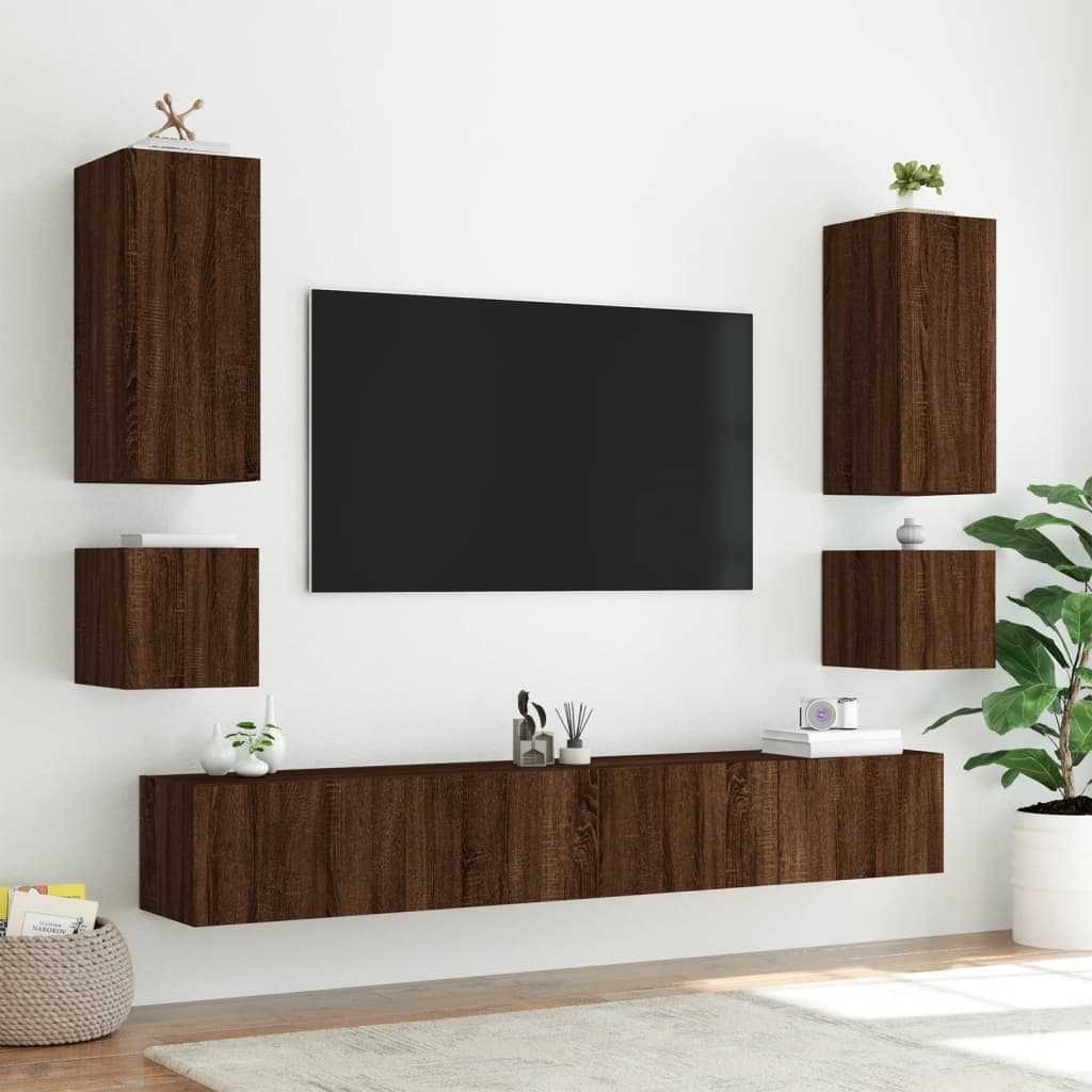 Meuble TV muraux 6 pcs avec lumières LED chêne marron