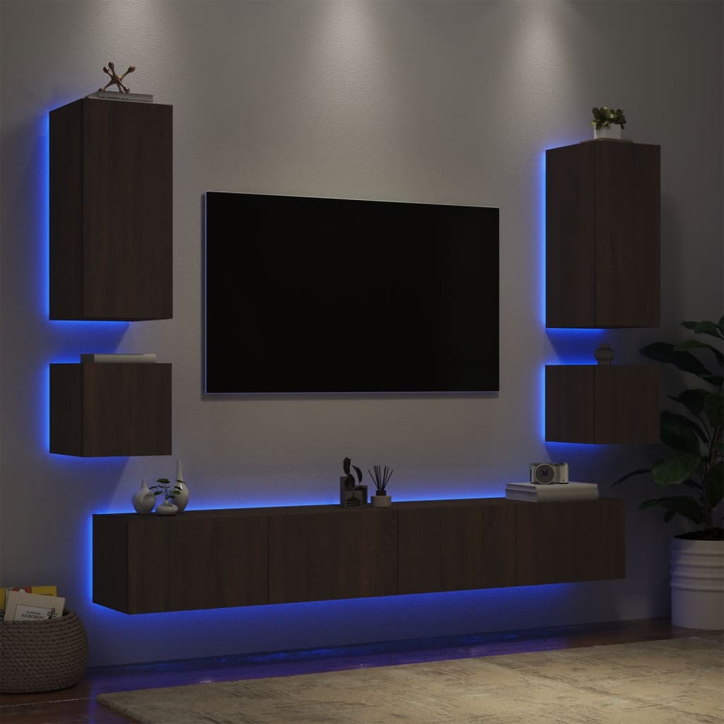 Meuble TV muraux 6 pcs avec lumières LED chêne marron