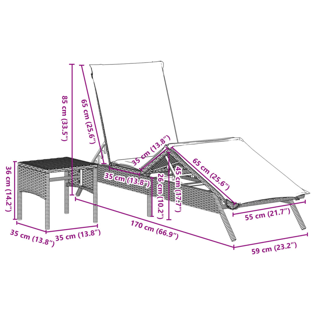 Chaises longues lot de 2 avec table gris résine tressée