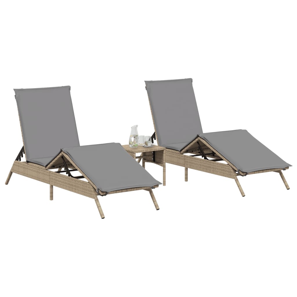 Chaises longues lot de 2 avec table beige résine tressée