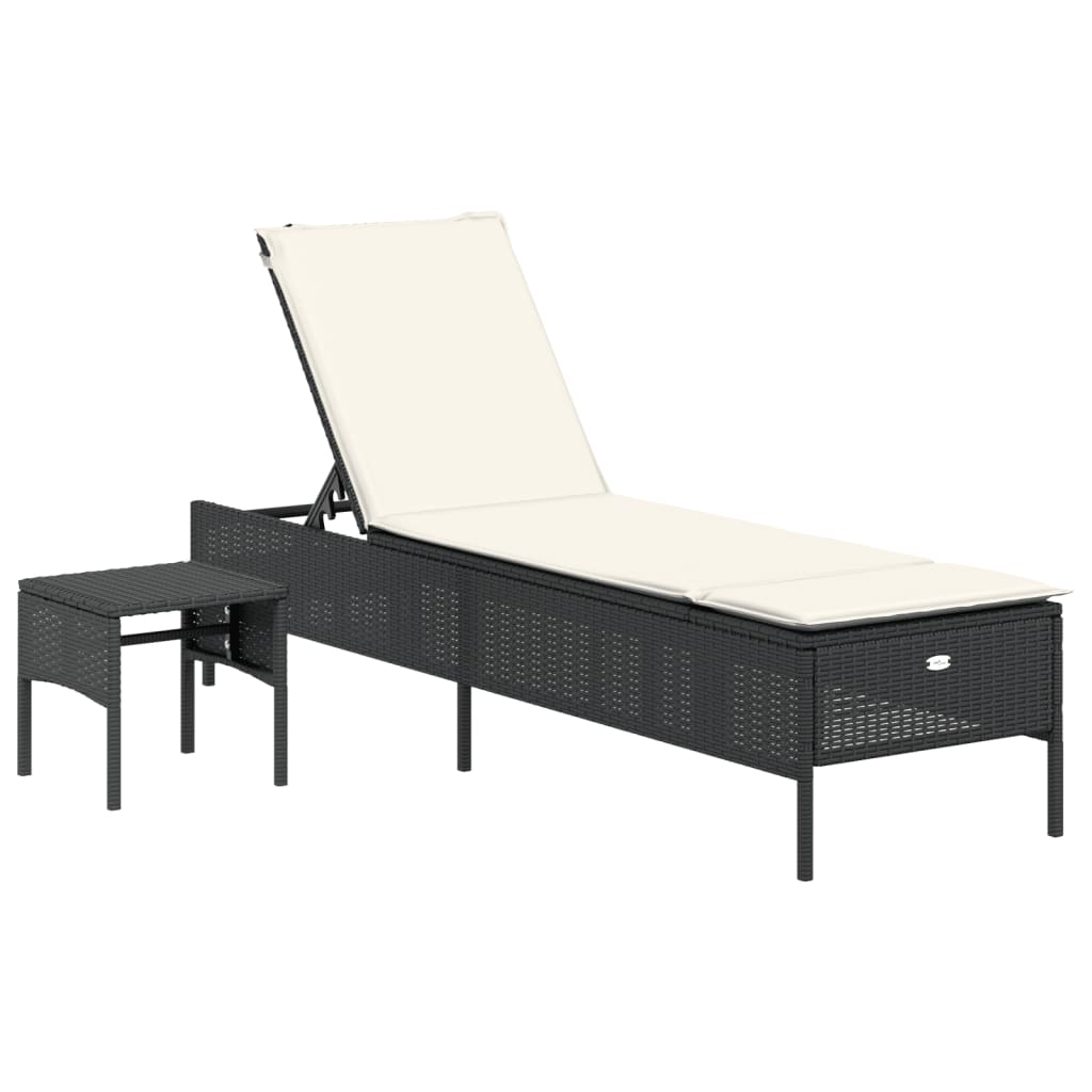 Chaise longue avec table et coussin noir résine tressée