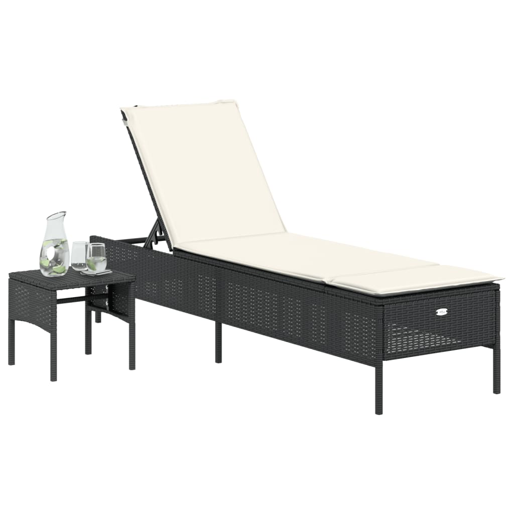 Chaise longue avec table et coussin noir résine tressée