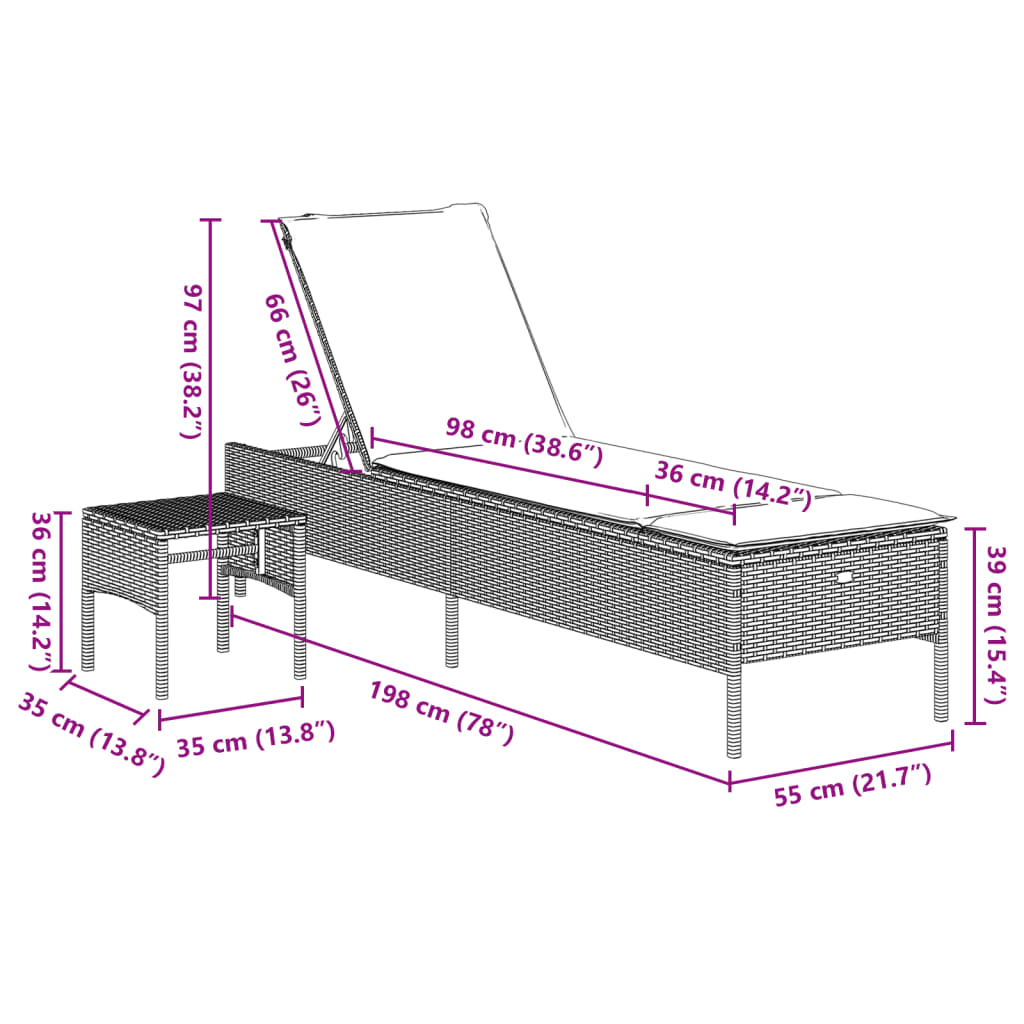 Chaise longue avec table et coussin noir résine tressée