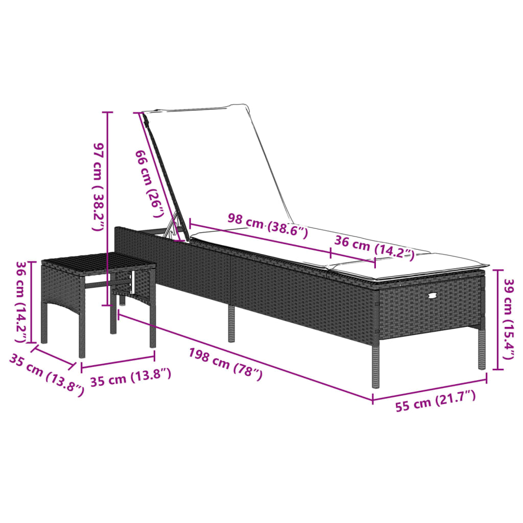 Chaise longue avec table et coussin gris clair résine tressée