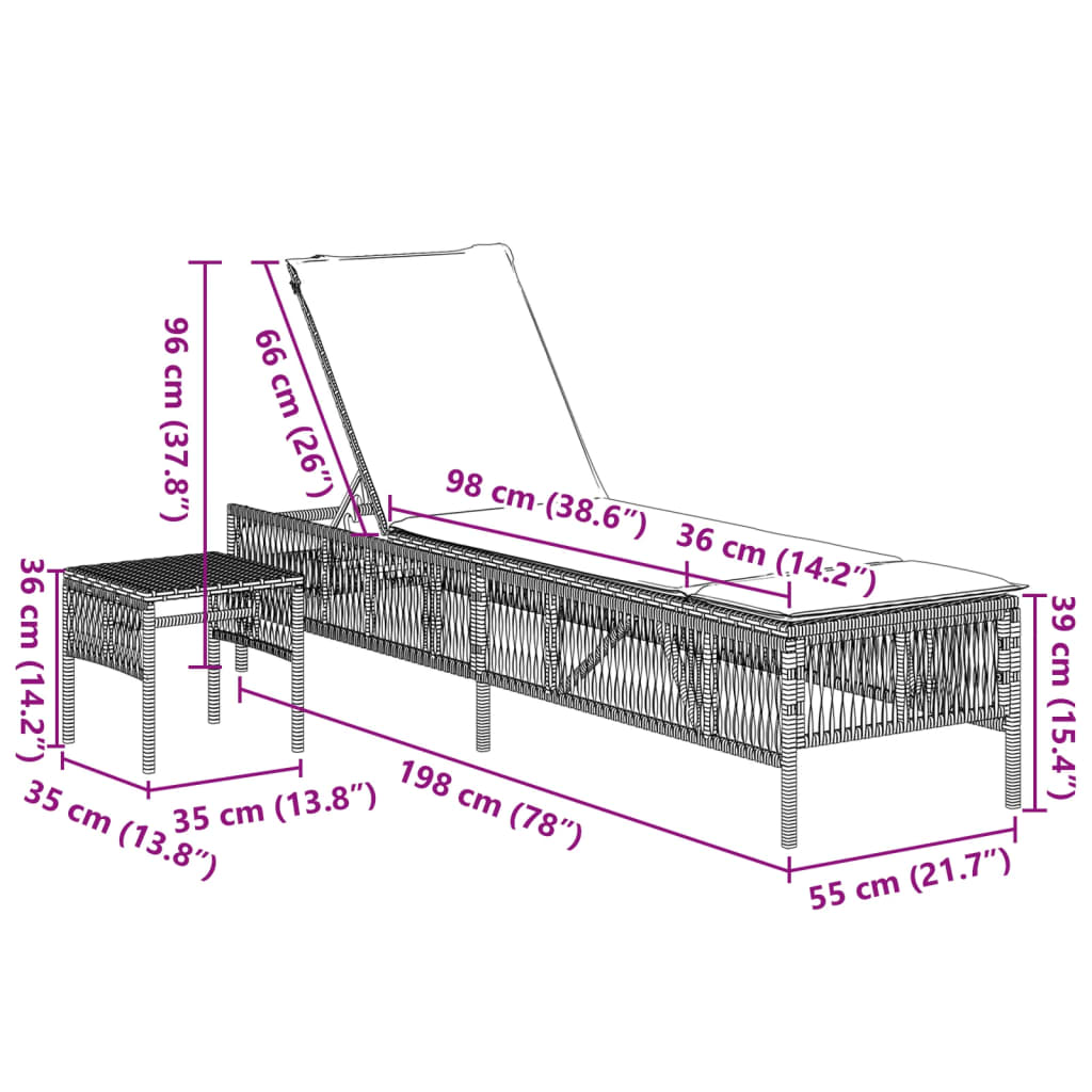 Chaises longues lot de 2 avec table noir résine tressée