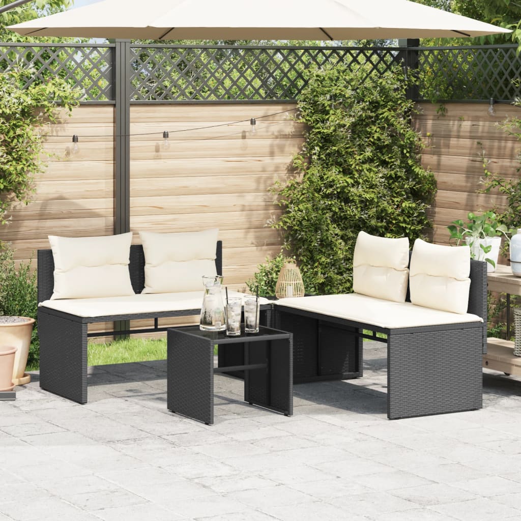 Salon de jardin 4 pcs avec coussins noir résine tressée